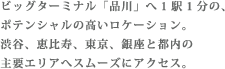 ビッグターミナル「品川」へ1駅1分の、ポテンシャルの高いロケーション。渋谷、恵比寿、東京、銀座と都内の主要エリアへスムーズにアクセス。